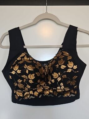 Black Crop Bralette with Metallic Gold Leaf Jacquard